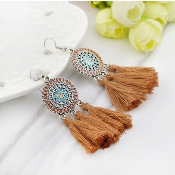 Boho Tassel Drop Earrings – Brown & Turquoise Mandala Design - Picture 1 of 1